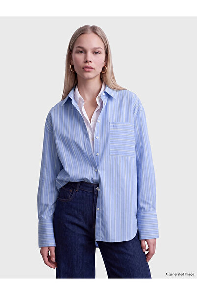 LC Waikiki Mavi Çizgili Cepli Oversize Kadın Gömlek