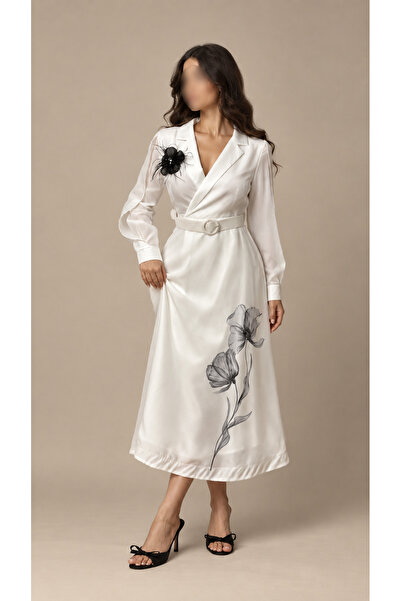 Rose Off White Midi Dress with Blazer Cut and Artistic Flowers