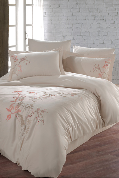 MARİBOR Double Person Exclusive Series Embroidered 100% Cotton Satin Duvet Co...