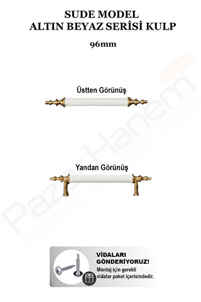 Sude Model Altın Beyaz Serisi Lüks Mobilya Kulpu (96 mm - 192 mm - 224 mm Seçenekli, (Seçtiğiniz Ebat 2 Adet Gelir)