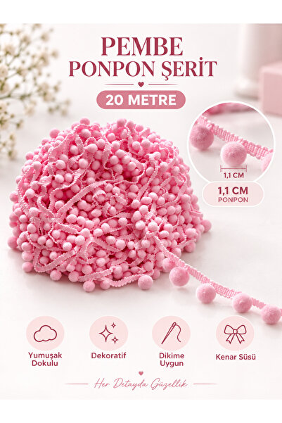 kubbe tekstil aksesuar 20 Metre Açık Pembe Ponpon Şerit – 1,1 cm Ponponlu Şer...