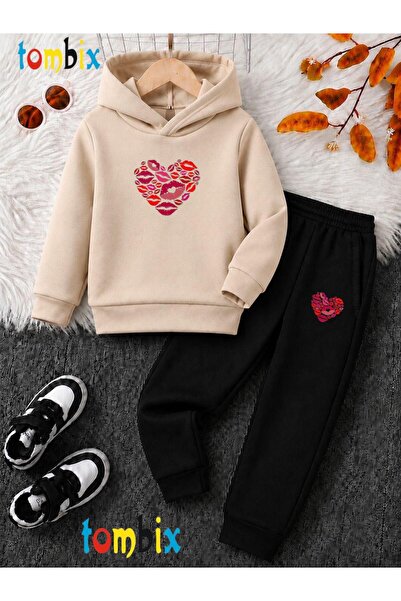 tombix Heart Printed Thick Winter Hooded Bottom/Top Children's Tracksuit Set ...