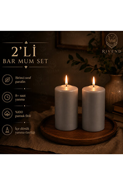 2’li Gri Bar Mum Seti – Dekoratif Silindir Mum – 3,5 x 8 cm