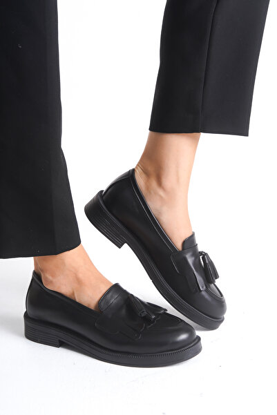 GNS Shoes Genuine Leather Black Skin Tasseled Women's Shoes