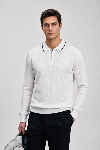 Maccali Men's Casual Polo Collar Zippered White Striped Knit Sweater