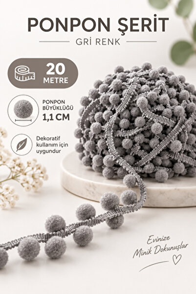 kubbe tekstil aksesuar 20 Metre Gri Ponpon Şerit – 1,1 cm Ponponlu Şerit – Ha...