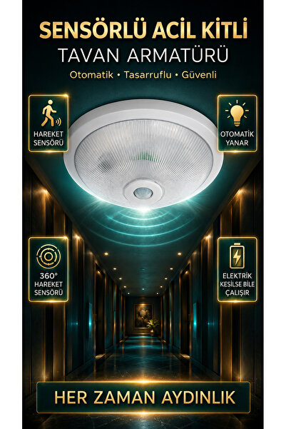 Pilli Acil Kitli 360° Sensörlü LED Tavan Armatürü 6500K