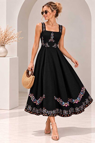 ALANOVA FASHION KADIN NAKIŞ İŞLEMELİ KETEN KARE YAKA KUŞAKLI BOHEM ELBİSE