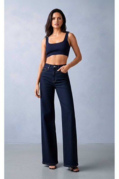 TRN Greyy Lycra Women's Navy Blue Super High Waist Loose Leg Denim Loose Pala...