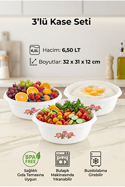 Özmet 3'lü Yuvarlak Desenli Plastik Badya Seti 6,5 Litre - Mutfak ve Karıştır...