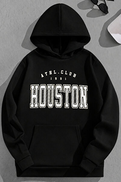 K KOZZ STYLE Unisex 3 Thread Cotton Black Houstonac Print Loose Fit Sweatshir...