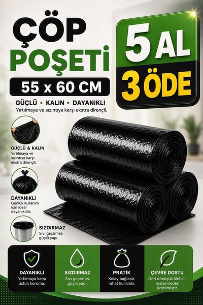 KESPACK Çöp Poşeti 55x60 Mavi Renk Orta Boy 5 Rulo 100 Adet Çöp Torbası