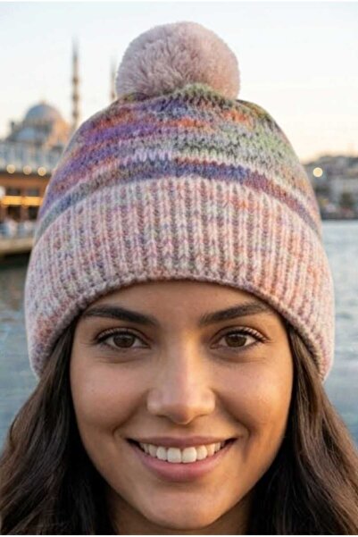 Mood Agenda Women's Marbled Patterned Pompom Knitted Winter Beanie