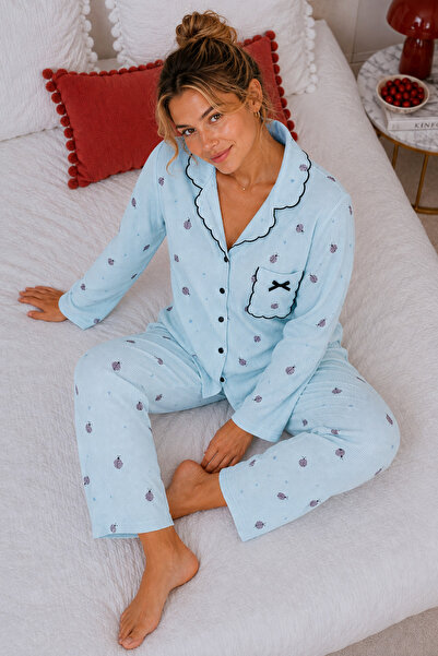 ELİTOL Reported Viscose Buttoned Overlocked Long Sleeve Patterned Pajama Set