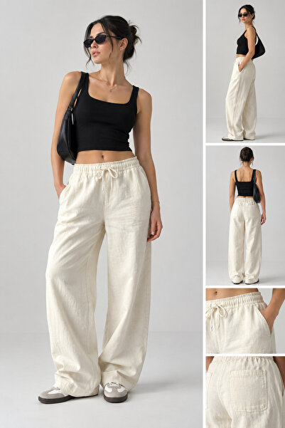 Hamerz Kadın Bol Paça Keten Pantolon – Beli Lastikli Bağcıklı Wide Leg Rahat ...