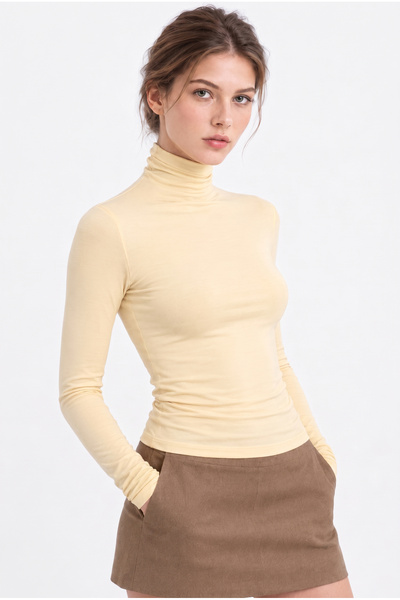 OLYNN Kadın Tereyağı Sarı Balıkçı Yaka Uzun Kollu Premium Soft Modal Pamuk Bluz