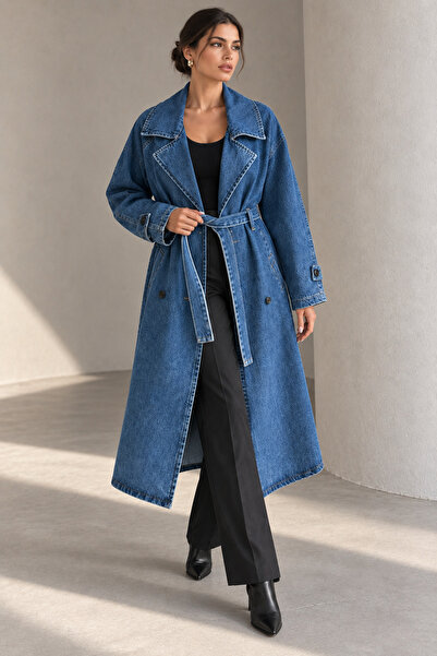 Age Of State Kadın Kuşaklı Kruvaze Yaka Oversize Uzun Denim Trençkot Mavi