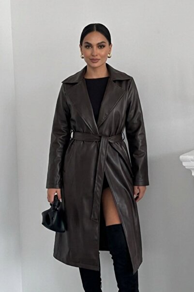 msm fashion Γυναικεία μακριά καμπαρντίνα από συνθετικό δέρμα με ζώνη, διπλές ...