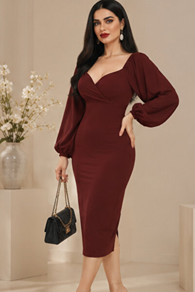 Stylish Fashion فستان من ستايلش فاشن تركي أنيق باللون العنابي بكم طويل واسع (...