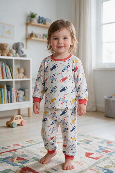 OEM Pijama copii din bumbac cu bluza maneca lunga si imprimeu avioane multico...