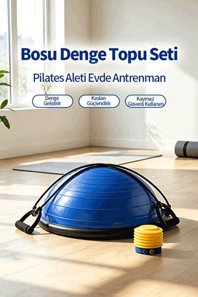 Bosu Ball | Denge Topu | 45 cm | Pilates Aleti | Direnç Lastiği + Pompa Dahil | Kaymaz Taban