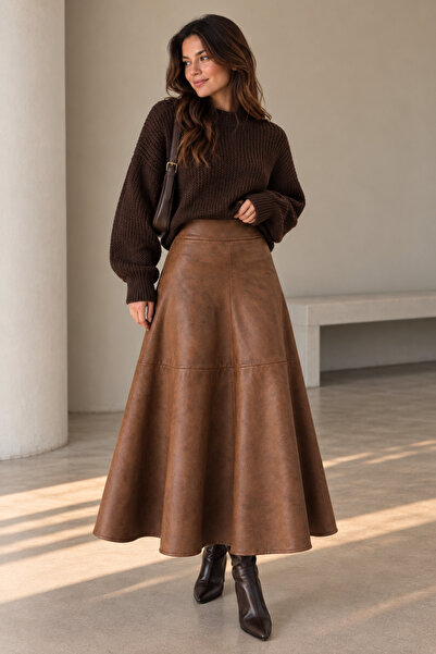 Brood Women's High Waist Pleated Long Leather Skirt A-Line Flared Side Hidden...