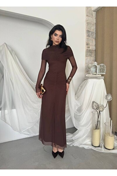 EtikaOnline Kadın Büzgülü Drapeli Uzun Kollu Maxi Elbise KOD 00799