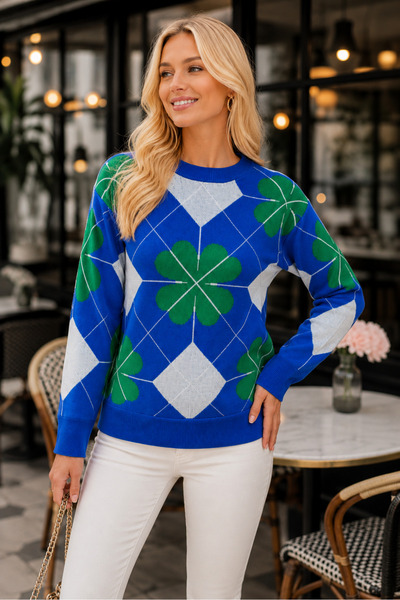 TRQOM Women's Round Neck Long Sleeve Lycra Soft Clover Patterned Contrast Col...