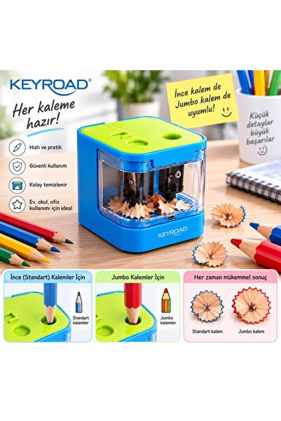 KEYROAD Pilli Kalemtraş USB Destekli Jumbo ve Standart Kalemler İçin