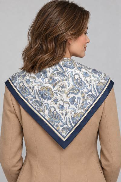 DSCARF Blue Paisley – Shawl Patterned Navy Blue Border Cream Satin Scarf 70×7...