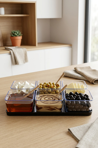 Akyüz Plastik 🥣   6-Piece Acrylic Breakfast Set – Olive Cheese Storage Container with Lid and Tray