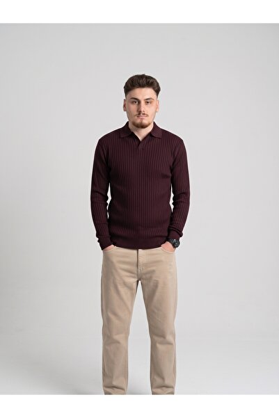 Erkek Premium Kahverengi Polo Yaka Fitilli Uzun Kollu Kazak