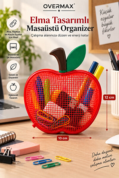OVERMAX Elma Tasarımlı Masaüstü Organizer 12 × 10 cm - Fileli Ataş, Silgi ve ...