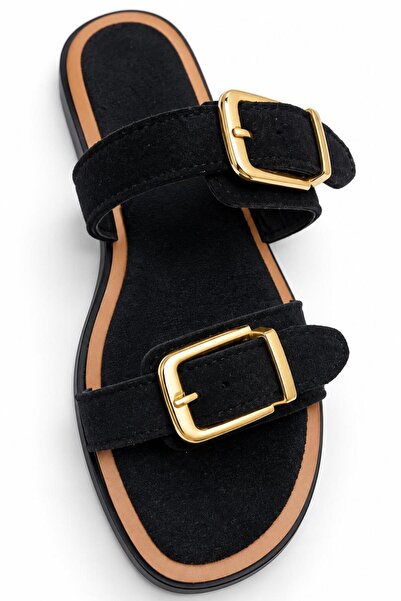 solebydilhan Women's Black Double-Strapped Gold Buckle Flat Sole Stylish Dail...