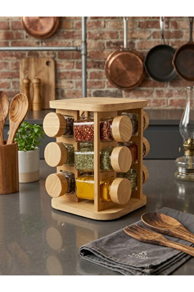 ENG.CO 12-Piece Glass Spice Rack Set with Bamboo Rotating Stand