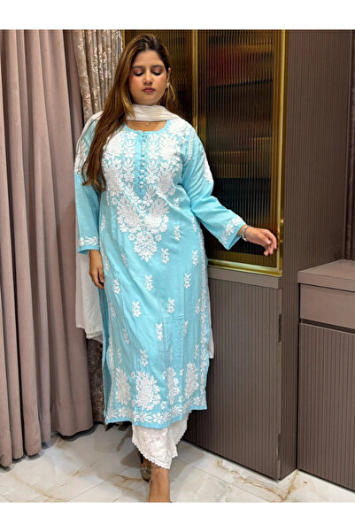 MYSMAR Light Blue Chikankari Kurti Set with White Bottom - FFT19248 | Light B...