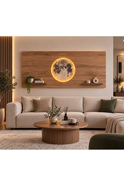 LED Işıklı Duvar Dekoru Raflı Dekoratif Ahşap Duvar Paneli 140x68 cm