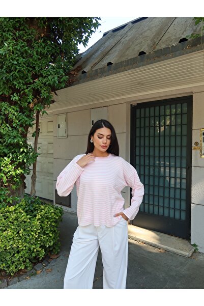 timagna Women's Striped Crew Neck Long Sleeve Oversize Knitwear Sweater