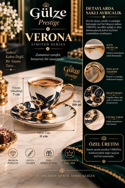 GÜLZE Prestige / Limited Series / Verona Model 2-Person Coffee Cup Set (Fine Bone Porcelain)