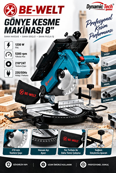 DynamicTech Profesyonel Elektrikli Üstten Ve Alttan Tablalı Gönye Kesme Makinesi 1200W 210mm Toz Torbalı