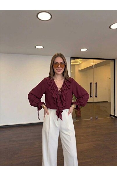 solena sln Kadın Yakası Fırfırlı İpli Gömlek Kolları Büzgülü Balon Kol Şık Bluz