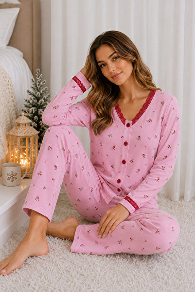 ELİTOL Reported Viscose Buttoned V-Neck Lace Long Sleeve Patterned Pajama Set