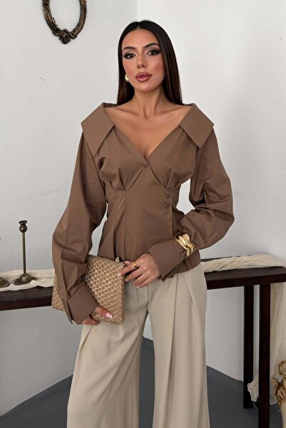 Moda Days Women's Brown Pleated Shirt V-Neck Buttoned Long Sleeve Cuffed Wais...