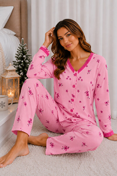 ELİTOL Reported Viscose Buttoned V-Neck Lace Long Sleeve Patterned Pajama Set
