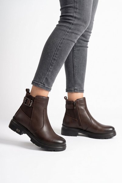 Moda Pie Kontesa Side Buckle Zippered Women's Genuine Leather Boots Brown Skin