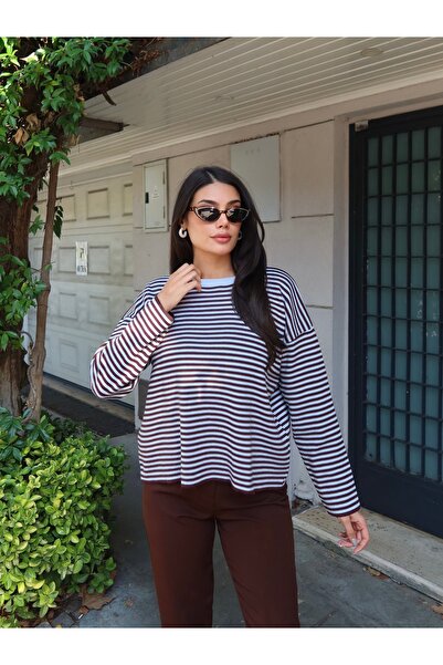 timagna Women's Striped Crew Neck Long Sleeve Oversize Knitwear Sweater