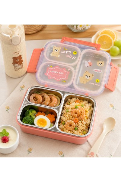 Generic Brand Kids Stainless Steel Bento Lunch Box, 3 Compartment Lunch Box for School, Reusable Food Container with Cute Cartoon Design, Portable Tiffin Box for Children