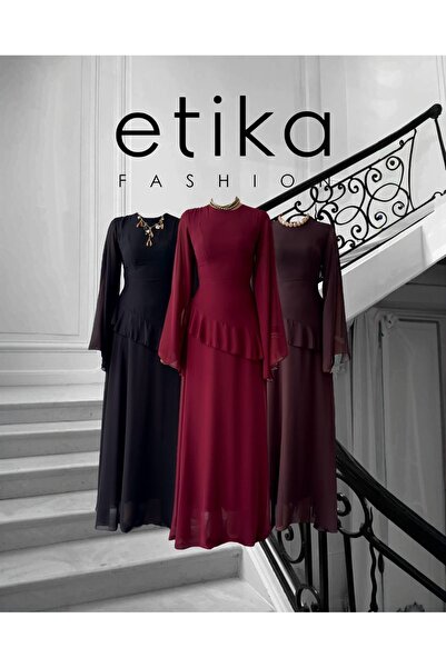 Clothes Fast Γυναικείο καφέ μίντι φόρεμα με στρογγυλή λαιμόκοψη, σιφόν με βολ...