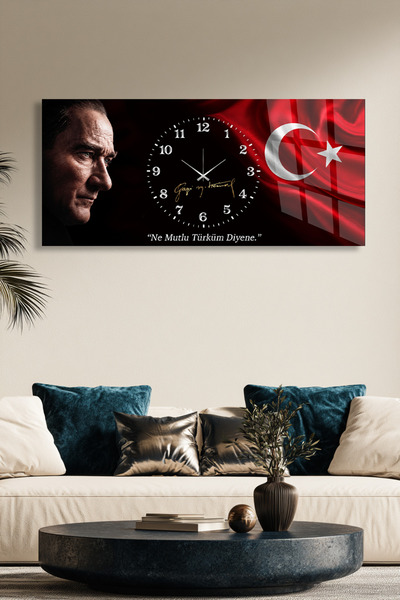 Olinpa KIRILMAZ CAM DUVAR SAATİ, HEM TABLO HEM SAAT ATATÜRK TÜRK BAYRAKLI EV ...