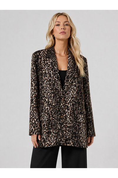 Sibel Günay Butik Leopar Desenli Siyah Saten Astarlı Oversize Kadın Blazer Ce...